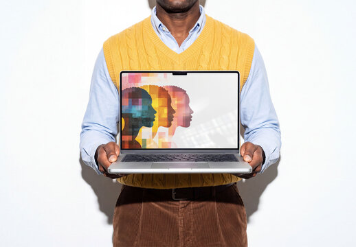 Mockup Template of Laptop Screen Held by Man