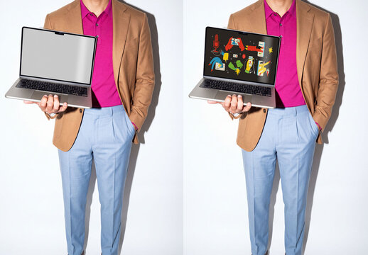 Mockup Template of Laptop Screen Held by Stylish Man