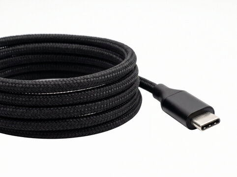 Coiled black braided usb type c to type c cable with silver ends on white background.
