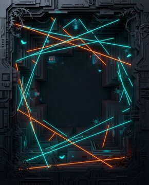 Dark cyberpunk frame with crossing laser light beams, neon cyan and orange tech lines for digital design   