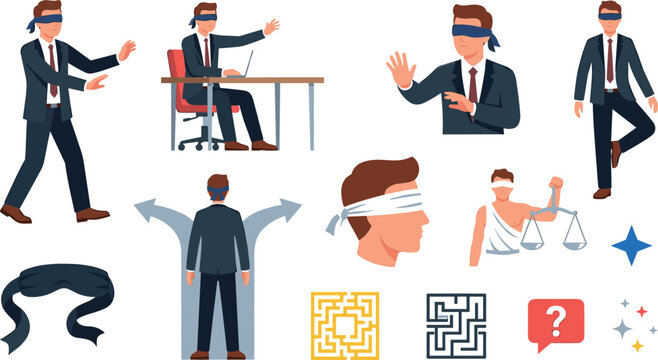 Blindfolded Businessman Uncertainty and Crossroads Clipart Collection Vector Featuring Flat Cartoon Blind Walking Office Laptop Navigation Labyrinth Maze Lady Justice and Blindfold Elements