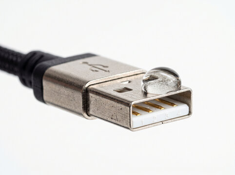 Water droplet on usb type a male connector on white surface for design concept.
