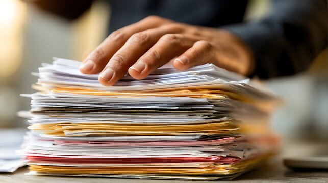 A business professional sorts through a large stack of office documents. Workload pressure, unfinished tasks, deadlines, and administrative backlog drive the business concept.