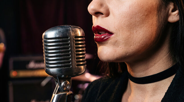 Female Singer Performing Close to a Vintage Microphone with Red Lipstick and Black Choker in a Moody Music Studio