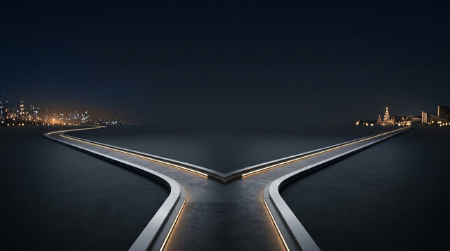 Fork in the road diverging toward holiday lights at night. Concept of choice and decision making.