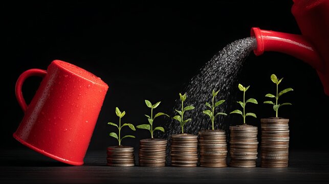 Vibrant red watering can gracefully pours water onto sprouting seedlings growing from wooden discs, representing growth, nurture, and financial prosperity