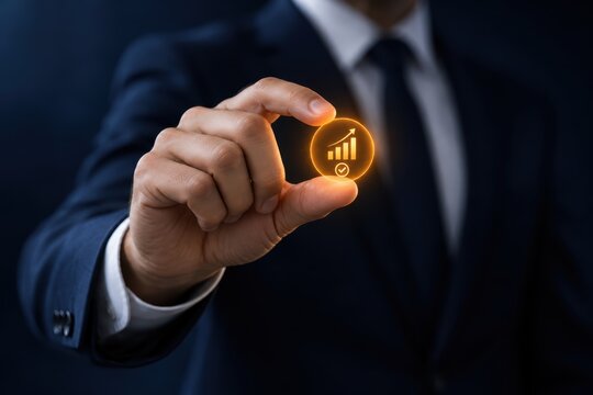 Business Growth Icon: A businessman in a suit and tie holds a glowing digital icon representing business growth and analytics, symbolizing progress and data-driven decision-making.