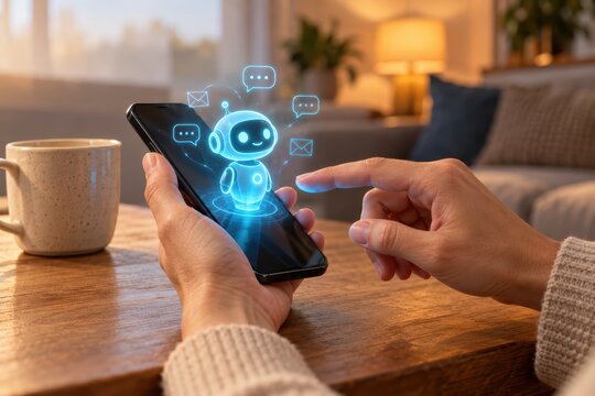 Interactive AI Chatbot on Smartphone: A close-up view shows a person's hand holding a smartphone with a glowing blue AI chatbot interface, symbolizing digital assistance and modern technology.