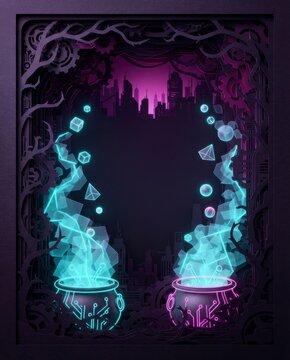Dark cyberpunk frame with glowing cyan magic potions, floating dice and mystical city background   