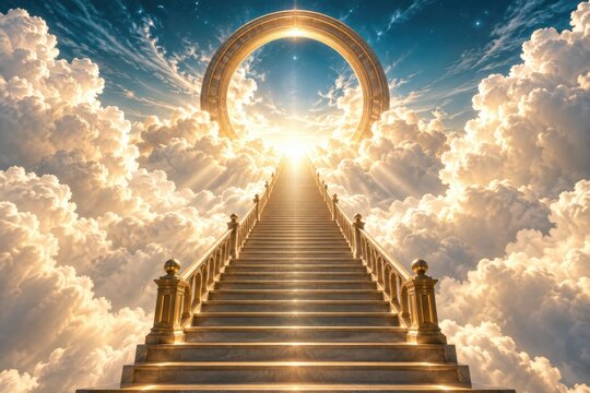 Stairway to Heaven: A majestic golden staircase ascends through fluffy clouds towards a luminous archway, bathed in divine light, representing a spiritual journey or ethereal gateway.