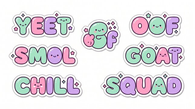 Set of kawaii pastel Gen Z internet slang stickers featuring bubble letters with cute faces for digital planners and social media.
