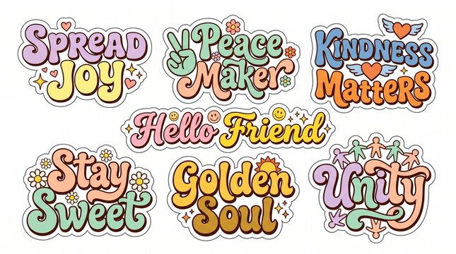 Retro groovy sticker set with positive quotes like Spread Joy and Kindness Matters, perfect for journaling and stationery decor.