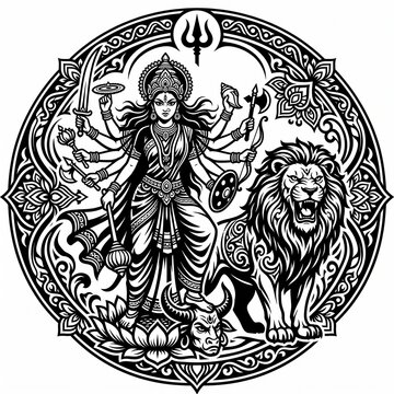 Durga Hindu Goddess Illustration With Multiple Arms, Lion Mount, Weapons and Decorative Mandala Frame