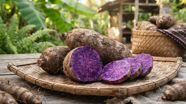 Fresh Bohol Ubi Kinampay purple yams displayed whole and sliced on a woven bamboo tray, revealing their naturally vivid violet flesh.