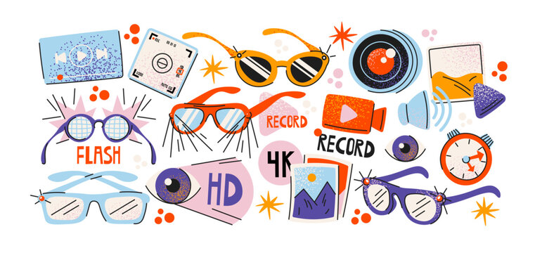 Camera glasses for recording photos and videos with lenses, flash, HD and 4K quality symbols, retro cartoon style. Wearable technology for hands-free photography, filming and ugc life content creation