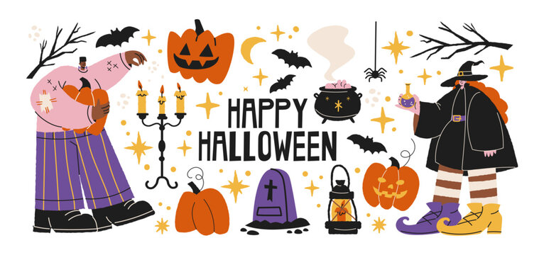 Halloween stickers in retro cartoon style. Scary magic holiday elements: pumpkins, ghosts, witch hats. Candles, cauldron, skulls, spooky decor. Illustration in retro cartoon style, trendy shapes
