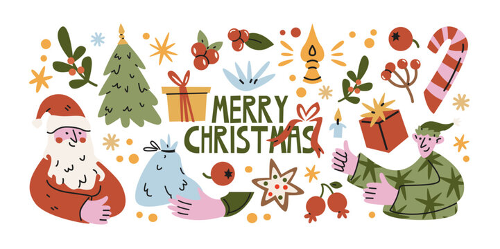 Christmas holiday greeting stickers with Santa, festive characters, Christmas tree, gifts, ornaments, candy cane and seasonal lettering in retro cartoon style for cheerful winter celebrations 