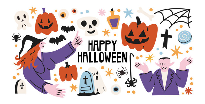 Halloween stickers in retro cartoon style. Scary magic holiday elements: pumpkins, ghosts, witch hats. Candles, cauldron, skulls, spooky decor. Illustration in retro cartoon style, trendy shapes