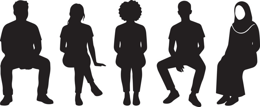 Set of five diverse people silhouettes sitting on chairs isolated on a white background for architectural design
