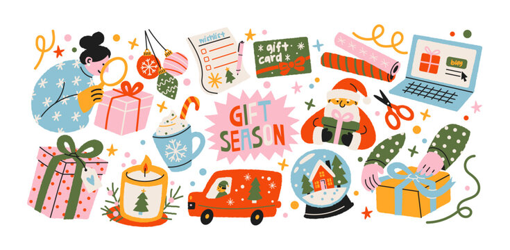 Holiday gift shopping and seasonal celebration sticker set with wrapped presents, gift cards, shopping bags, sale tags and festive accessories in retro cartoon style Christmas promotions and retail