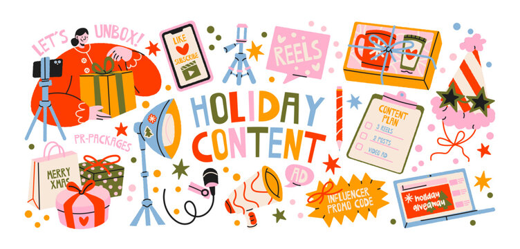 Holiday new year content creation and social media UGC marketing sticker set with video recording, influencer promotion, gift campaigns, content planning, reels, advertising and festive digital 