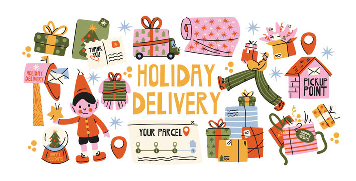 Holiday gift delivery stickers set with festive parcels, Christmas and New Year wrapped presents, courier services, pickup points, delivery routes, tracking labels and holiday shipping retro cartoon