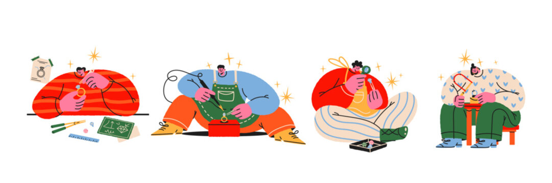 Jewelry making characters and handmade jewelry workshop sticker set featuring people crafting rings, necklaces and gemstones with pliers, wire and measuring tools in retro cartoon style for artisan 