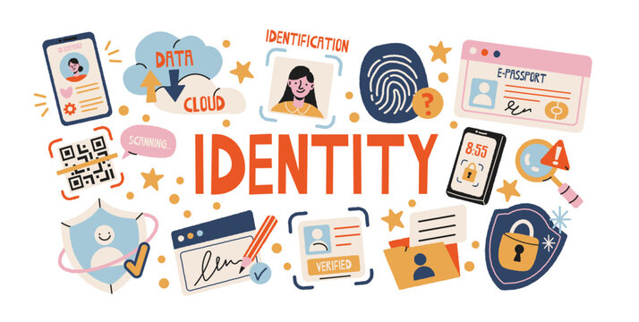 Digital identity verification and personal data protection sticker set with biometric scanning, fingerprints, identification cards, passports, facial recognition, cloud data and secure access in retro