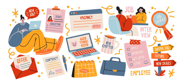 Job search and recruitment with resume, employment application, interview, career planning, vacancy listings, professional skills and human resources in retro cartoon style stickers 
