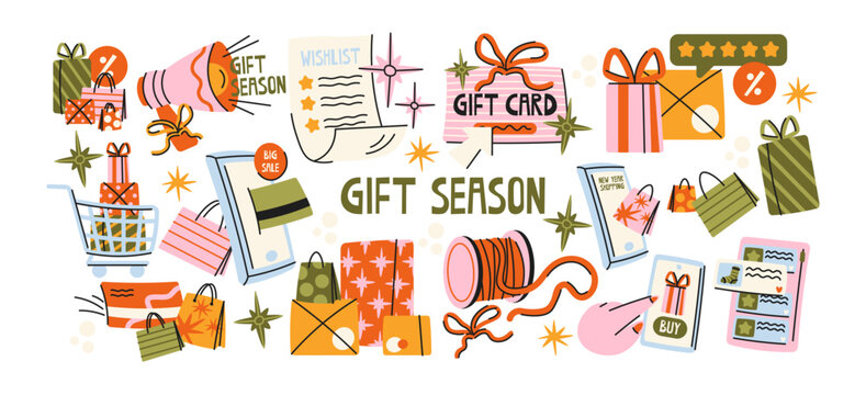 Holiday gift shopping and seasonal celebration sticker set with wrapped presents, gift cards, shopping bags, sale tags and festive accessories in retro cartoon style Christmas promotions and retail