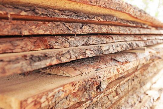 Close-up stacked timber boards with rough bark edges. Natural wood texture. Close-up of boards with bark at sawmill. Sawmill yard