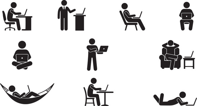 Set of black stick figure icons showing people working on laptops in various office and home environments