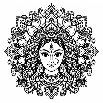 Ornate Indian Goddess Mandala Portrait Black And White Vector Illustration With Floral Paisley Details