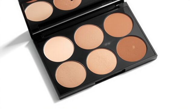 Close-up makeup palette with bronzer and contour shades on white background