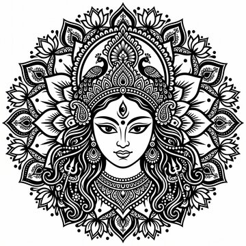 Divine Indian Goddess Mandala Illustration With Lotus and Peacock Headdress, Ornate Spiritual Portrait