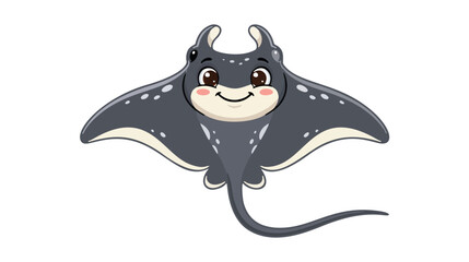 Fototapeta premium Cute manta ray character vector illustration with a wide elegant body, long tail, friendly expression, clean bold outline, and soft gray colors isolated on white background.