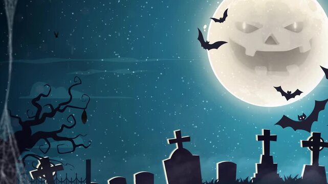 Halloween graveyard scene with spooky moon and flying bats background