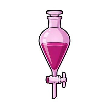 Cartoon style vector illustration of a laboratory separatory funnel filled with pink chemical liquid. Science glassware equipment isolated on white background