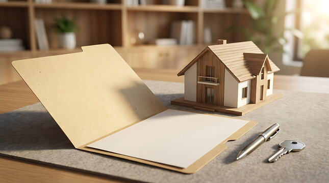 Real estate contract folder with house model, keys, and pen on office desk