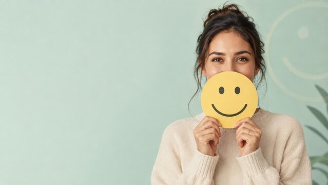 Smiley Face Reveal: A woman joyfully holds a bright yellow smiley face card in front of her mouth, her eyes sparkling with a genuine smile, against a soft teal background.