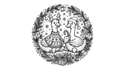Fototapeta premium Cute christmas geese wearing festive winter clothing in a decorative holiday wreath frame