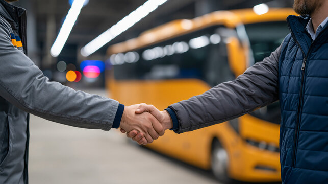 Handshake by Bus Station Two individuals shake hands in front of a yellow bus at what appears to be a bus station, symbolizing a deal, agreement, or farewell.