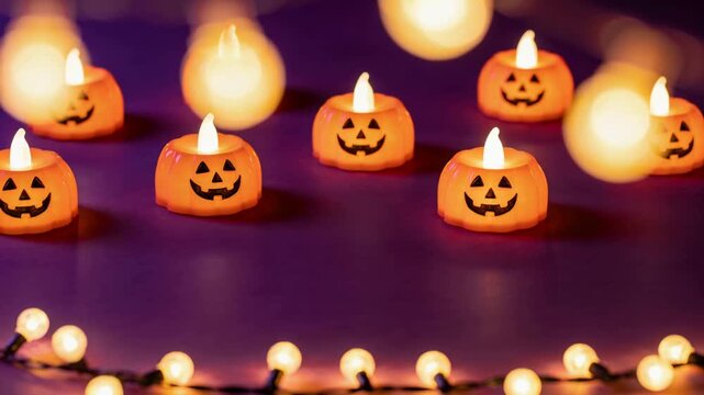 Powering on, pumpkin LEDs with carved faces flickering flames on purple tabletop for Halloween