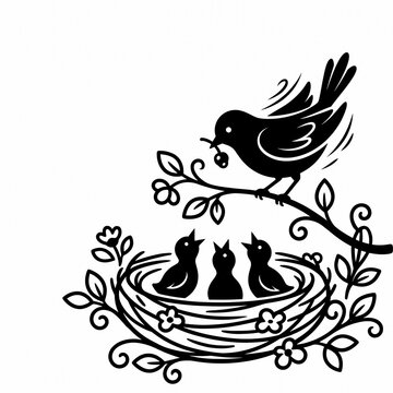 Mother Bird Feeding Three Chicks in Nest on Branch Floral Spring Illustration