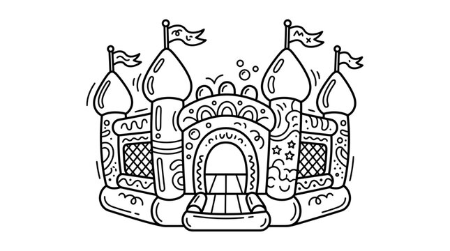 Whimsical bouncy castle illustration with flags and decorative elements