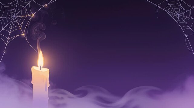 Puff starting wick flicker, white candle with drips sending gray smoke over purple mist, copy space