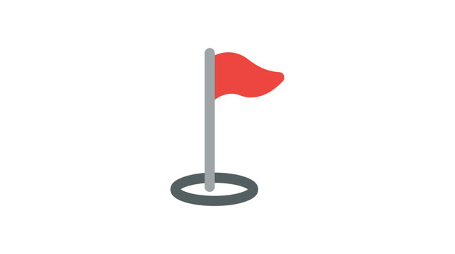 A red golf flag positioned in a circular hole is depicted as a flat vector illustration on a white background golfing pin