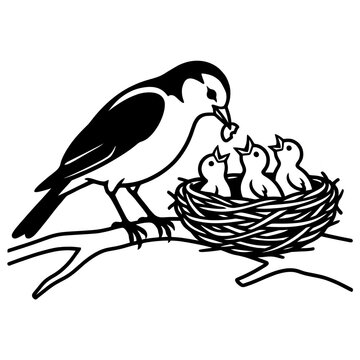 Parent Bird Feeding Chicks in Nest on Branch &mdash; Nature, Family, Care and Nurture Illustration