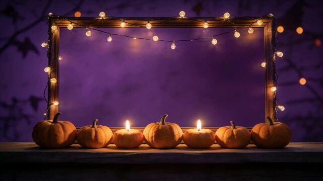 Showing frame sequence row of six pumpkins flickering candle flames on wooden ledge for autumn mood