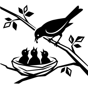Mother Bird Feeding Three Chicks in Nest on Tree Branch Silhouette Illustration